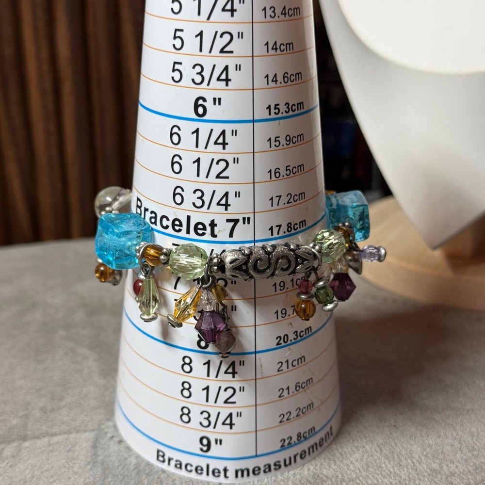 Y2K Multicolor Charm Bracelet Silver Tone Crystal Beaded Colorful Chunky 7"